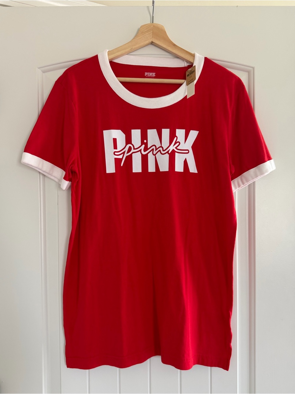 PINK Victoria’s Secret Red Ringer Tee Shirt Size S Y2K Aesthetic Sporty Chic